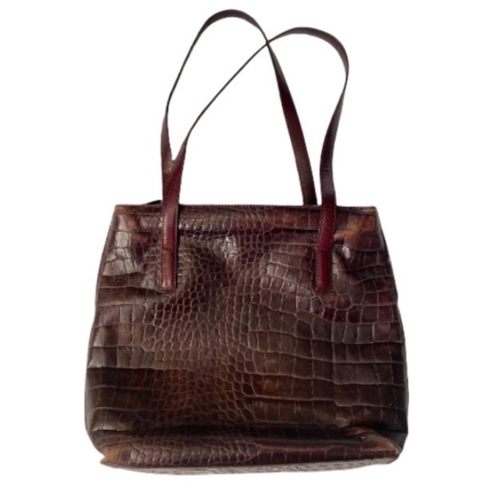 Vintage Brown Leather ( embossed like Crocodile ) Handbag with Plaid Interior